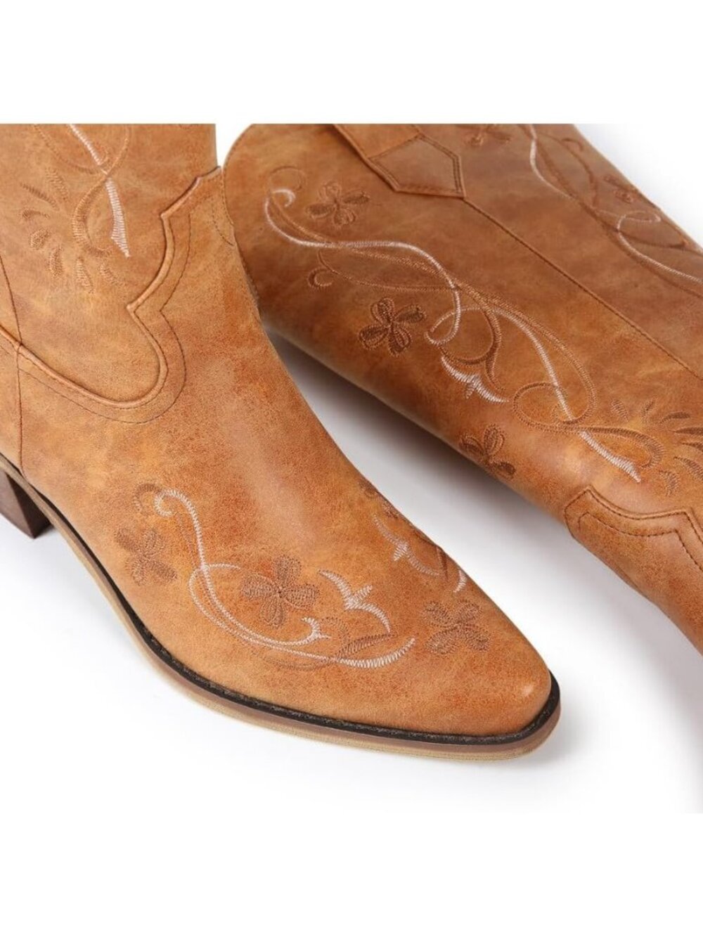 Women's Brown Mid Calf Western Boots Cowgirl Floral Embroidered Heel Block